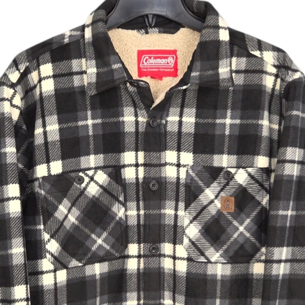 Coleman Fleece Shirt Jacket Mens Large Black‎ White Plaid Sherpa Lined Outdoor